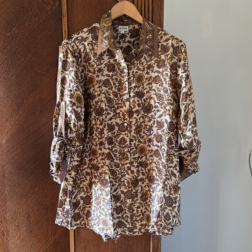 Ania A Blouse Floral Button Up Indian Asian Purple Vintage Oversized Small